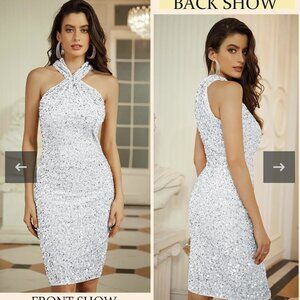 Grace Karin White Silver Halter Sequin Dress L